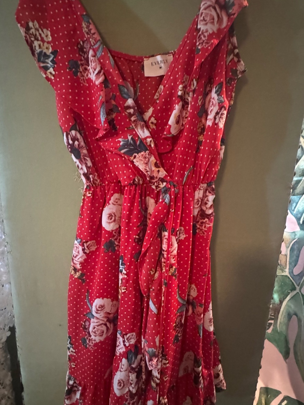 Everly Red Floral Wrap Mini Dress with Polka Dot Print